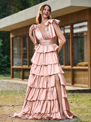 A-Linie Schleife an den Schultern Stufen Kleid mit Schlitz Staubige Rosa