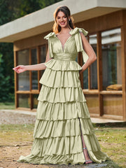 A-Linie Schleife an den Schultern Stufen Kleid mit Schlitz Staubiges Salbei