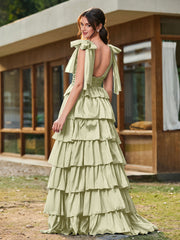 A-Linie Schleife an den Schultern Stufen Kleid mit Schlitz Staubiges Salbei