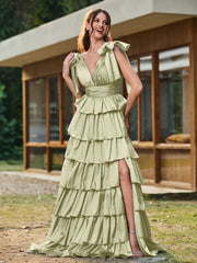 A-Linie Schleife an den Schultern Stufen Kleid mit Schlitz Staubiges Salbei