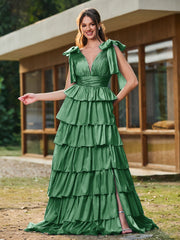 A-Linie Schleife an den Schultern Stufen Kleid mit Schlitz Smaragd