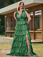 A-Linie Schleife an den Schultern Stufen Kleid mit Schlitz Smaragd