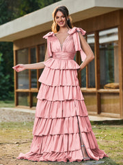 A-Linie Schleife an den Schultern Stufen Kleid mit Schlitz Flamingo