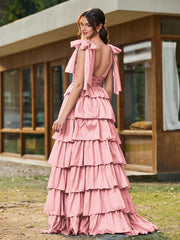 A-Linie Schleife an den Schultern Stufen Kleid mit Schlitz Flamingo