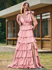 A-Linie Schleife an den Schultern Stufen Kleid mit Schlitz Flamingo