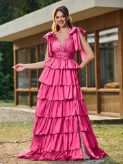 A-Linie Schleife an den Schultern Stufen Kleid mit Schlitz Fuchsia