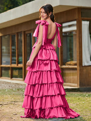 A-Linie Schleife an den Schultern Stufen Kleid mit Schlitz Fuchsia
