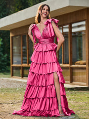 A-Linie Schleife an den Schultern Stufen Kleid mit Schlitz Fuchsia