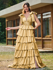 A-Linie Schleife an den Schultern Stufen Kleid mit Schlitz Gold