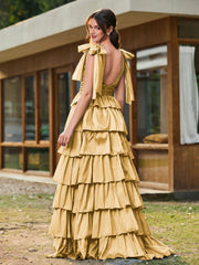 A-Linie Schleife an den Schultern Stufen Kleid mit Schlitz Gold