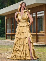 A-Linie Schleife an den Schultern Stufen Kleid mit Schlitz Gold