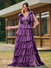 A-Linie Schleife an den Schultern Stufen Kleid mit Schlitz Traube