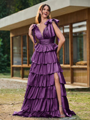 A-Linie Schleife an den Schultern Stufen Kleid mit Schlitz Traube