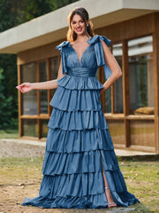A-Linie Schleife an den Schultern Stufen Kleid mit Schlitz Tinte Blau