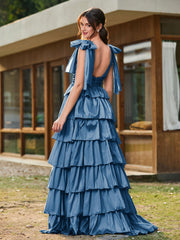 A-Linie Schleife an den Schultern Stufen Kleid mit Schlitz Tinte Blau