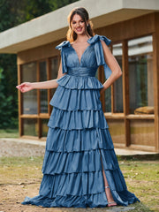 A-Linie Schleife an den Schultern Stufen Kleid mit Schlitz Tinte Blau