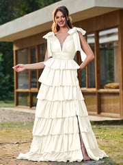 A-Linie Schleife an den Schultern Stufen Kleid mit Schlitz Elfenbein
