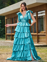 A-Linie Schleife an den Schultern Stufen Kleid mit Schlitz Jade
