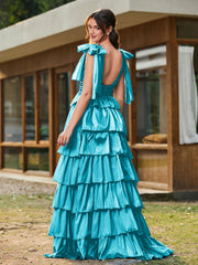 A-Linie Schleife an den Schultern Stufen Kleid mit Schlitz Jade