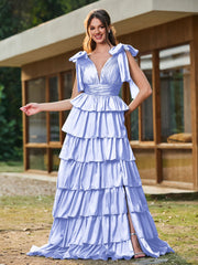 A-Linie Schleife an den Schultern Stufen Kleid mit Schlitz Lavendel