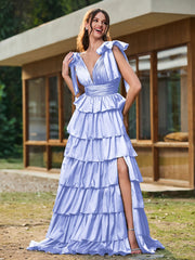 A-Linie Schleife an den Schultern Stufen Kleid mit Schlitz Lavendel