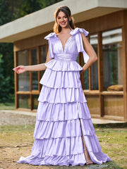A-Linie Schleife an den Schultern Stufen Kleid mit Schlitz Lila