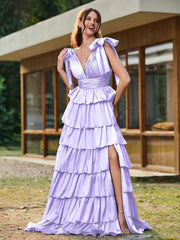 A-Linie Schleife an den Schultern Stufen Kleid mit Schlitz Lila