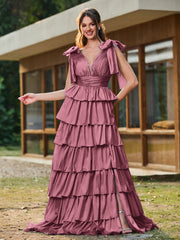 A-Linie Schleife an den Schultern Stufen Kleid mit Schlitz Maulbeere