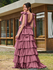 A-Linie Schleife an den Schultern Stufen Kleid mit Schlitz Maulbeere