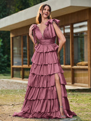 A-Linie Schleife an den Schultern Stufen Kleid mit Schlitz Maulbeere