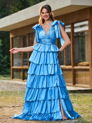 A-Linie Schleife an den Schultern Stufen Kleid mit Schlitz Meerblau