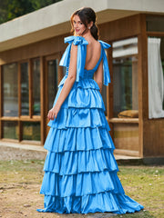 A-Linie Schleife an den Schultern Stufen Kleid mit Schlitz Meerblau
