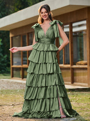 A-Linie Schleife an den Schultern Stufen Kleid mit Schlitz Olivgrün