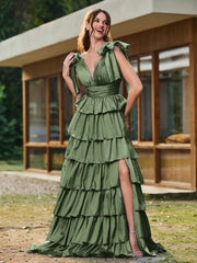 A-Linie Schleife an den Schultern Stufen Kleid mit Schlitz Olivgrün