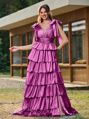A-Linie Schleife an den Schultern Stufen Kleid mit Schlitz Orchidee