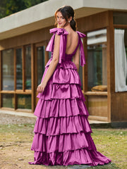 A-Linie Schleife an den Schultern Stufen Kleid mit Schlitz Orchidee