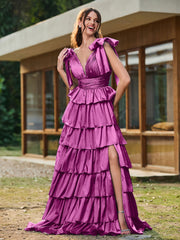 A-Linie Schleife an den Schultern Stufen Kleid mit Schlitz Orchidee
