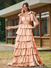 A-Linie Schleife an den Schultern Stufen Kleid mit Schlitz Papaya