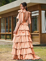 A-Linie Schleife an den Schultern Stufen Kleid mit Schlitz Papaya