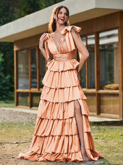 A-Linie Schleife an den Schultern Stufen Kleid mit Schlitz Papaya