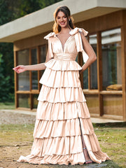 A-Linie Schleife an den Schultern Stufen Kleid mit Schlitz Pfirsich