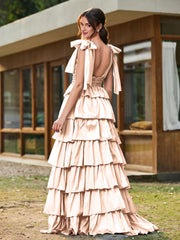 A-Linie Schleife an den Schultern Stufen Kleid mit Schlitz Pfirsich