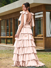 A-Linie Schleife an den Schultern Stufen Kleid mit Schlitz Perlrosa