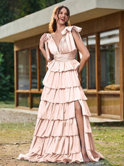 A-Linie Schleife an den Schultern Stufen Kleid mit Schlitz Perlrosa
