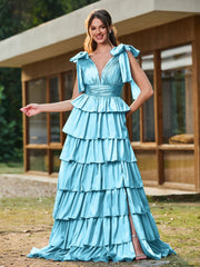 A-Linie Schleife an den Schultern Stufen Kleid mit Schlitz Schwimmbadblau
