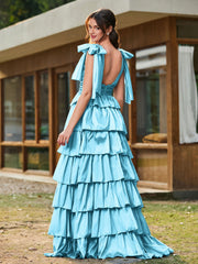 A-Linie Schleife an den Schultern Stufen Kleid mit Schlitz Schwimmbadblau
