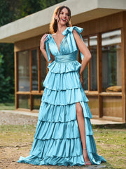 A-Linie Schleife an den Schultern Stufen Kleid mit Schlitz Schwimmbadblau