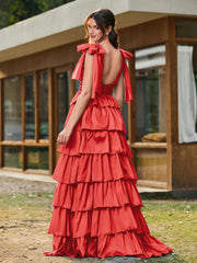 A-Linie Schleife an den Schultern Stufen Kleid mit Schlitz Rot