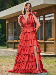 A-Linie Schleife an den Schultern Stufen Kleid mit Schlitz Rot