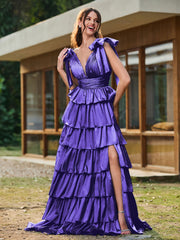 A-Linie Schleife an den Schultern Stufen Kleid mit Schlitz Regentschaft